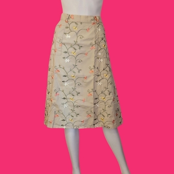 Vtg ORVIS Beige Floral Vine Embroidered Flat Front Pocket Cotton Land Girl Skirt - Picture 1 of 10